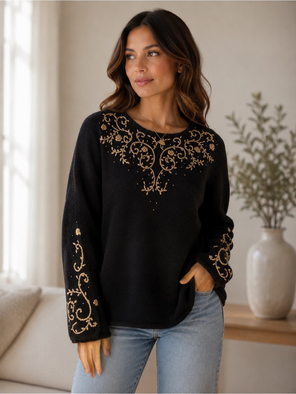 Vintage Kathie Lee Collection Black Crewneck Sweater with Gold Embroidery